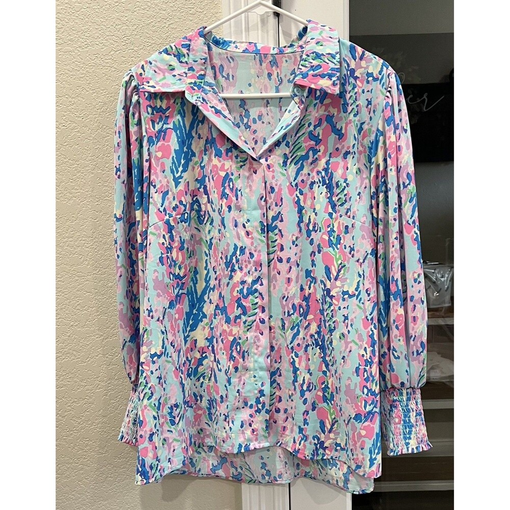 Women’s Colorful Tropical Print Blouse Smocked Cuff Lilly Pulitzer vibes Large
